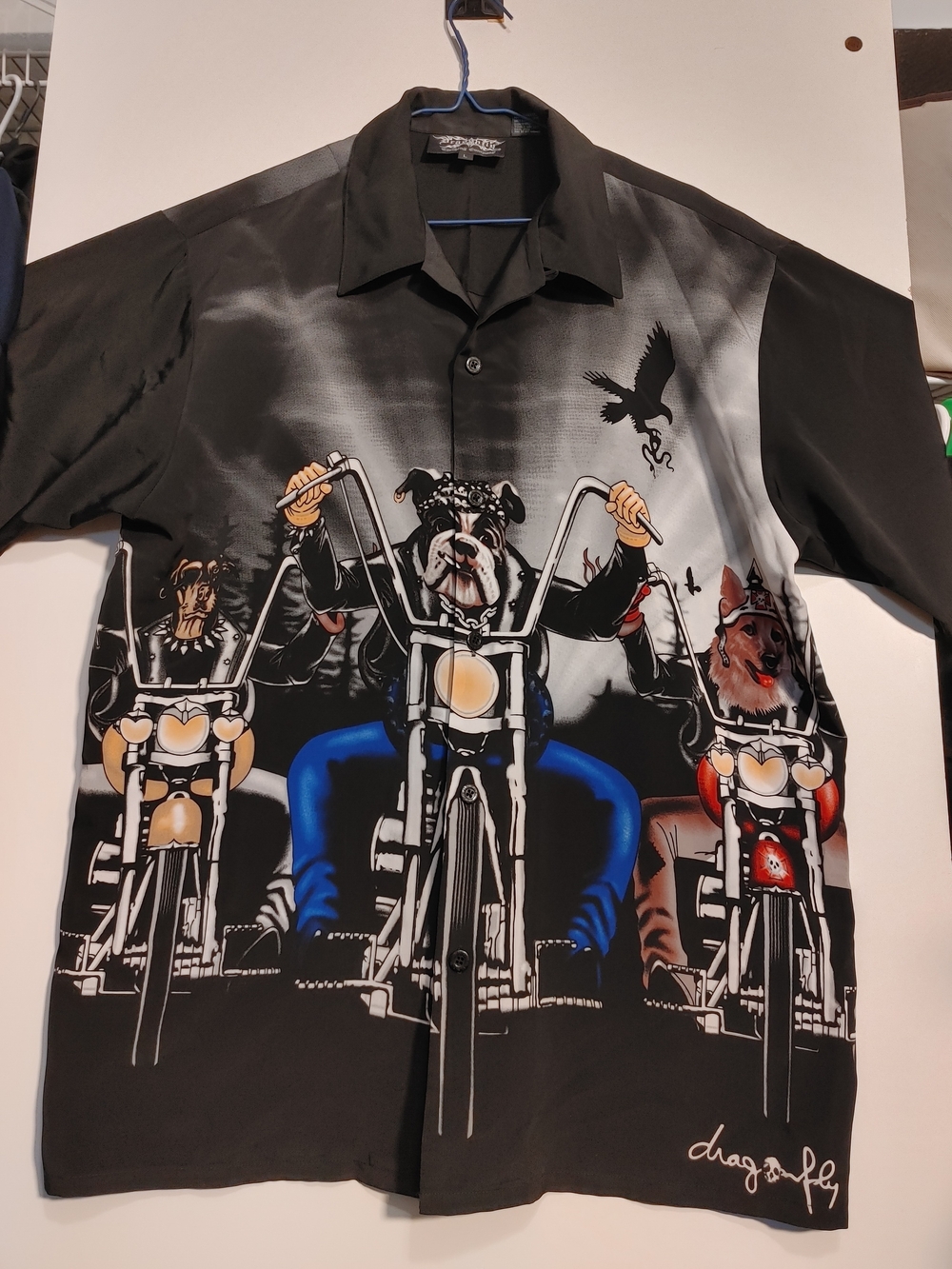 Men's Black Graphic Bulldog Motorcycle Button-Down Shirt by DragonFly. vintage.